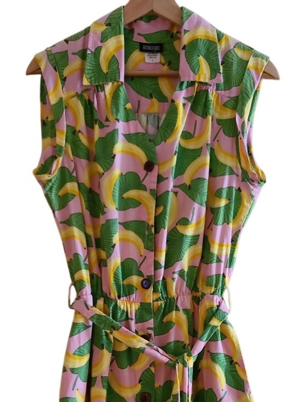 Retrolicious Banana Pattern Button Dress Green Yellow Retro Vintage-y Tie Waist - Picture 6 of 16